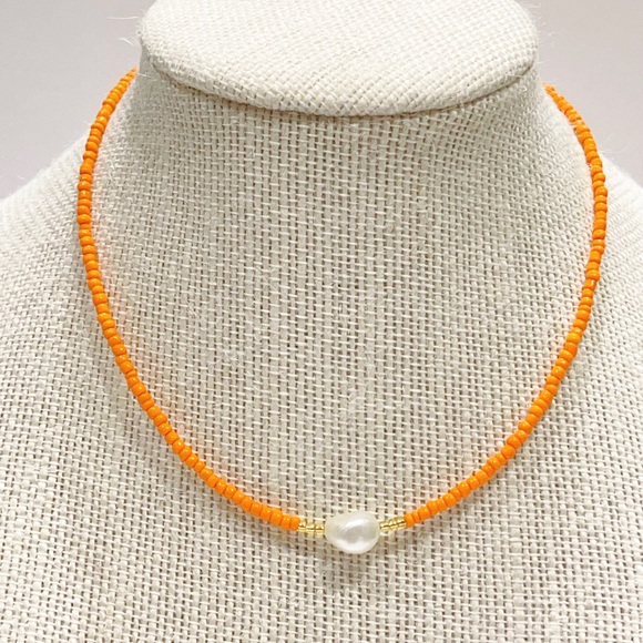 Handmade natural fresh water Pearl & orange glass seed bead necklace - Picture 1 of 4